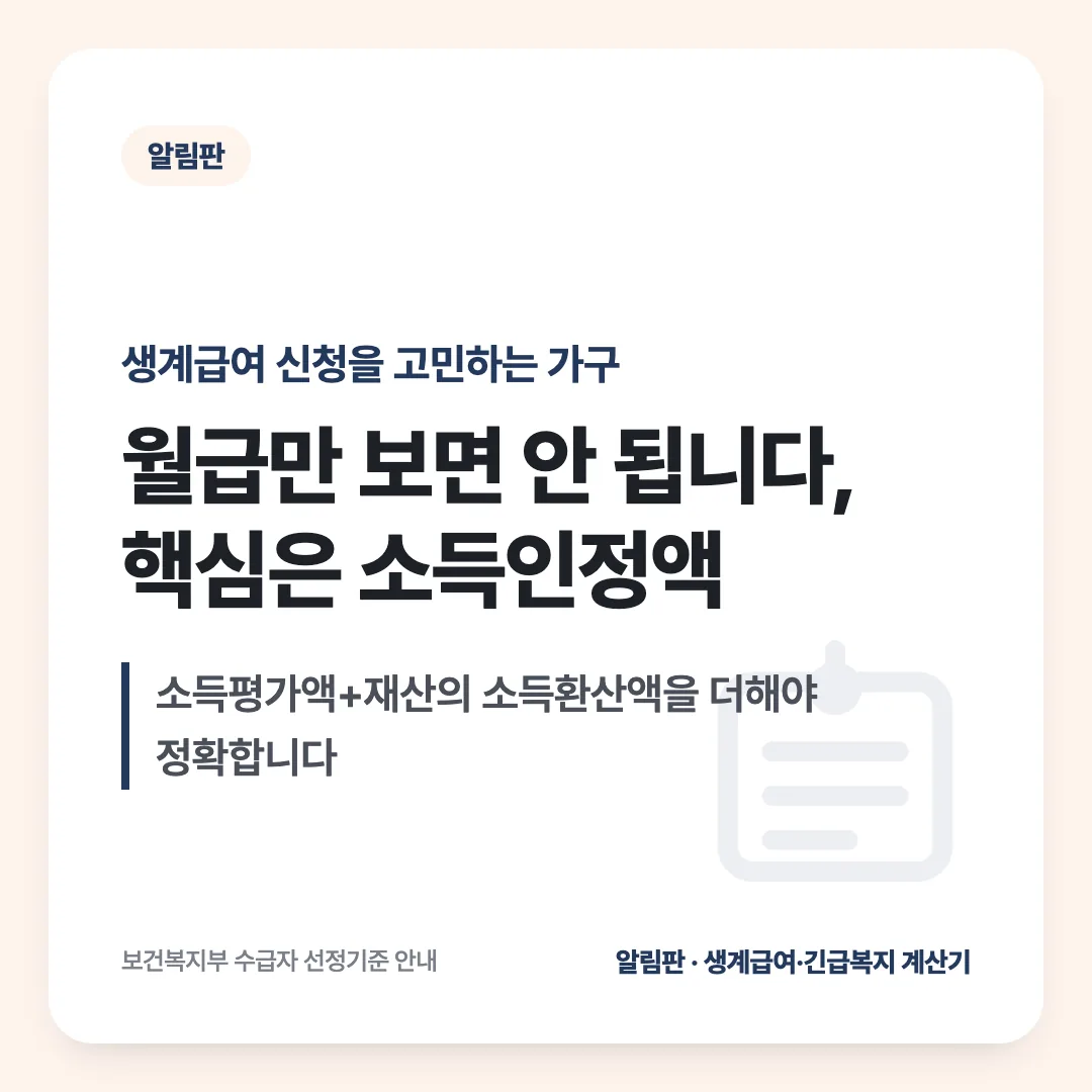 생계급여 신청을 고민하는 가구 — 월급만 보면 안 됩니다, 핵심은 소득인정액. 소득평가액+재산의 소득환산액을 더해야 정확합니다